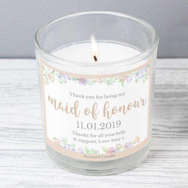 Personalised Floral Watercolour Maid of Honour Scented Jar Candle - Myhappymoments.co.uk