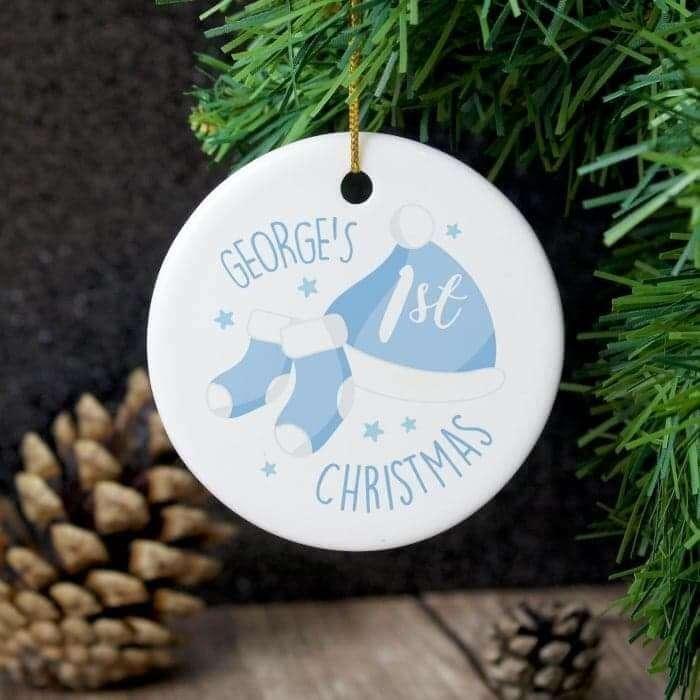 Personalised 1st Christmas Round Ceramic Decoration - Pink or Blue Colour - Myhappymoments.co.uk