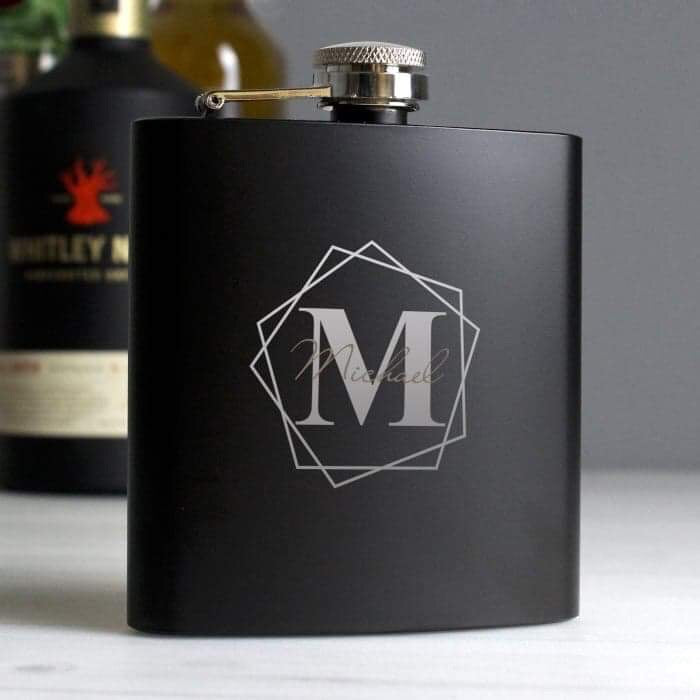 Personalised Geometric Initial Black Hip Flask - Myhappymoments.co.uk