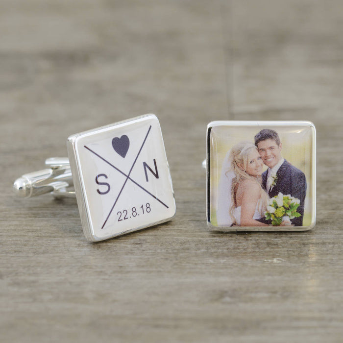 Personalised Groom Cufflinks - Initials Date & Photo