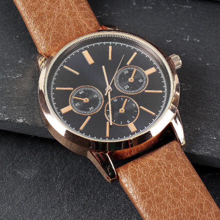 Engraved Mens Rose Gold Tone Watch with Brown Strap Gift Boxed