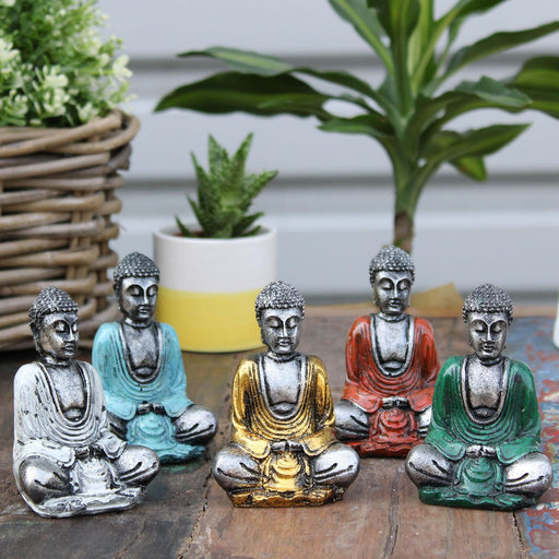 Set Of 6 Silver Mini Buddha Figures (Assorted Colours)