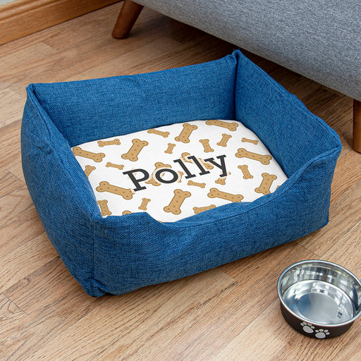 Personalised Blue Comfort Dog Bed with Dog Biscuit Design