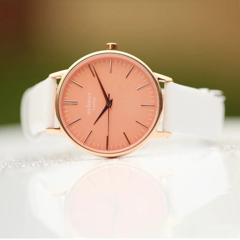 Engraved Ladies Architect Coral Watch With White Strap