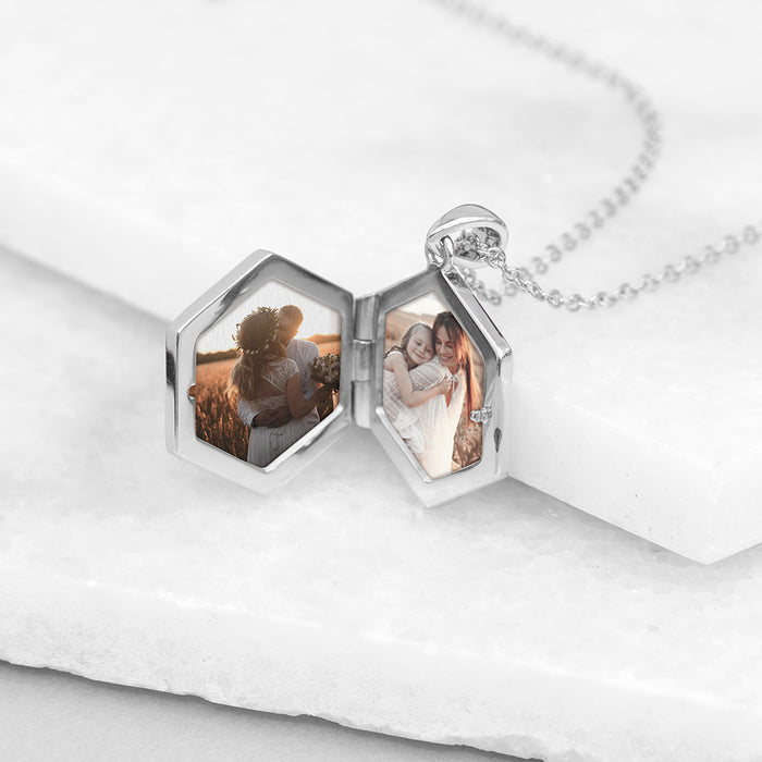 Personalised Hexagonal Photo Locket Necklace - Silver Plated