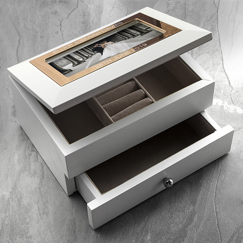 Personalised Rose Gold White Photo Frame Jewellery Chest Box - Myhappymoments.co.uk