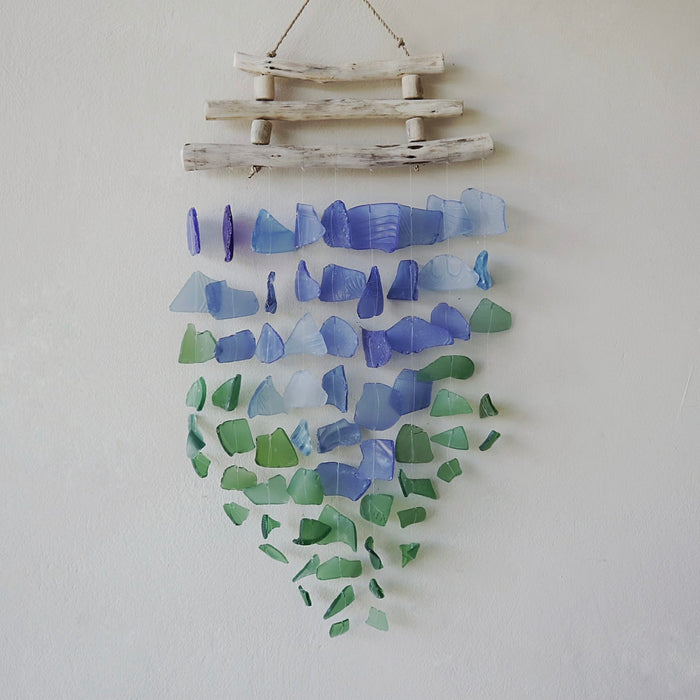 Three Stick Recycled Glass Driftwood Wind Chime - Blue & Green