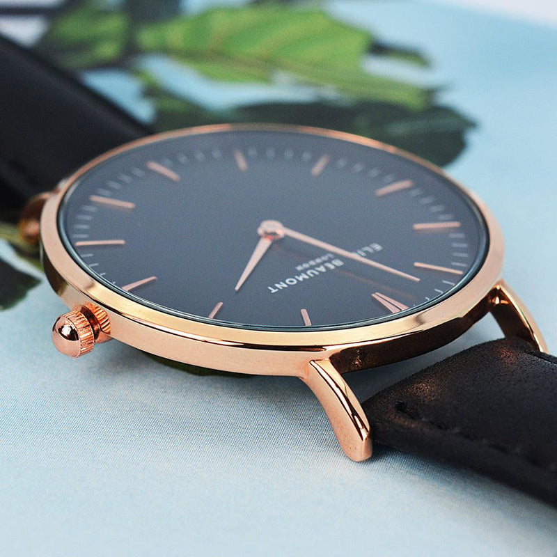 Elie Beaumont Personalised Ladies Leather Watch in Black