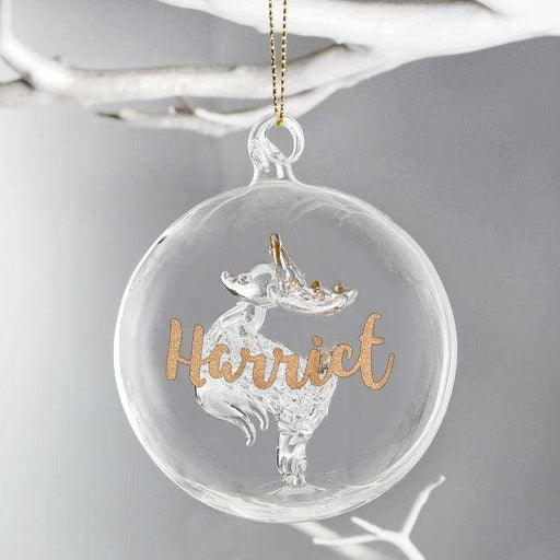 Personalised Gold Glitter Name Only Reindeer Glass Bauble - Myhappymoments.co.uk