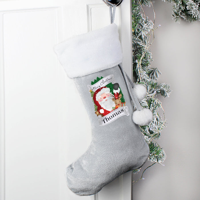 Personalised Silver Grey Velvet Christmas Stocking - Santa & Rudolph