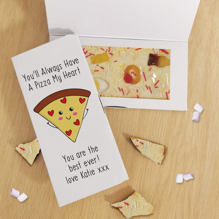 Personalised You’ll Always Have A Pizza My Heart White Chocolate Card