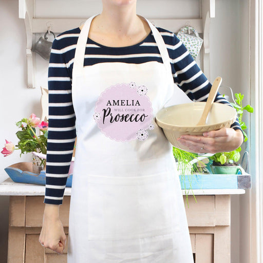 Personalised Lilac Lace Will Cook for Prosecco White Apron - Myhappymoments.co.uk