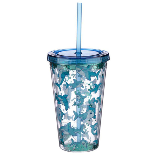 Shark Design Glitter Double Walled Cup with Lid and Straw
