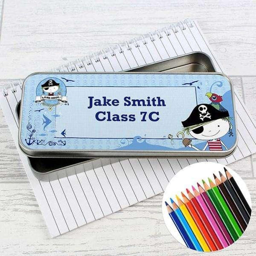 Personalised Pirate Pencil Tin with Pencil Crayons - Myhappymoments.co.uk