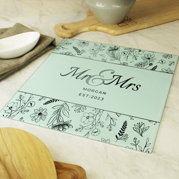 Personalised Mr & Mrs Wedding Botanical Glass Chopping Board