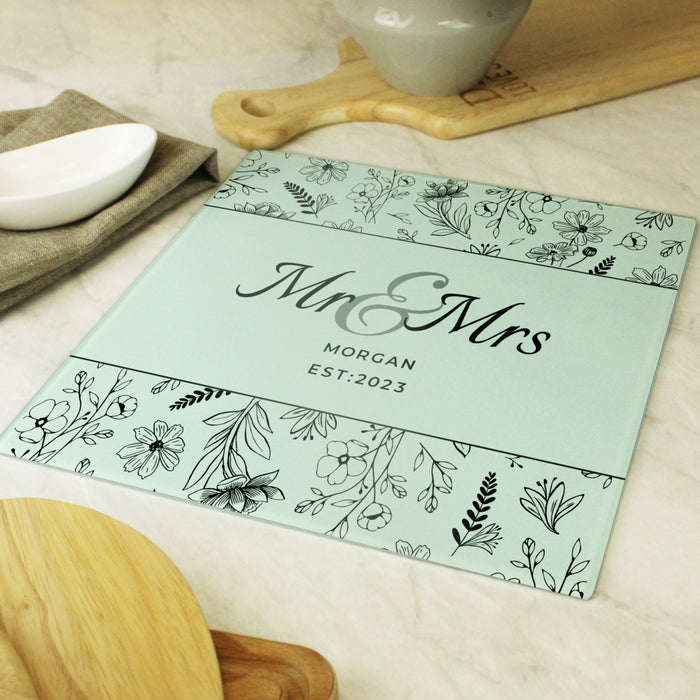 Personalised Mr & Mrs Botanical Glass Chopping Board