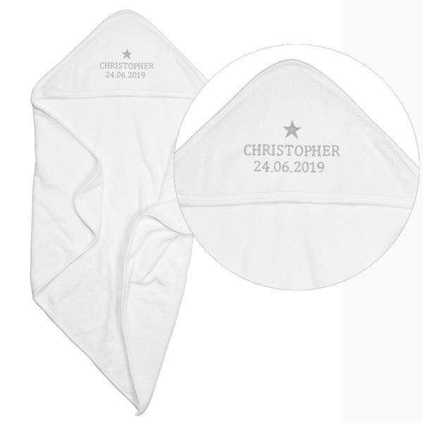 Personalised Silver Star Baby White Hooded Towel - Myhappymoments.co.uk