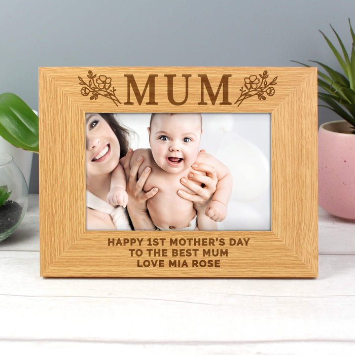 Personalised Floral Mum 6x4 Oak Finish Photo Frame