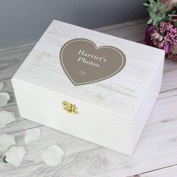 Personalised Rustic Heart White Wooden Keepsake Box - Myhappymoments.co.uk