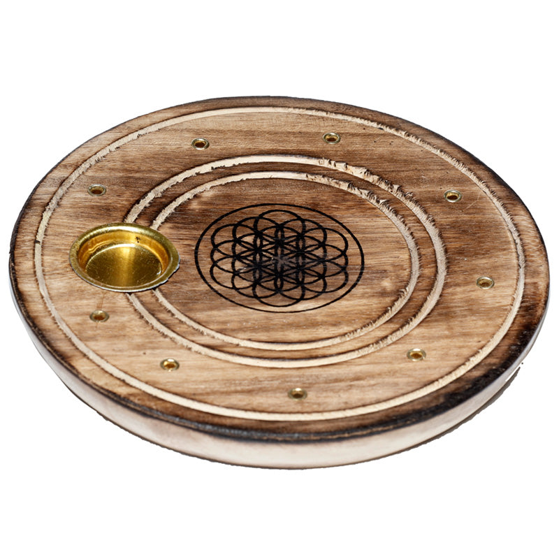 Mango Wood Round Flower of Life Ashcatcher Incense Sticks & Cones Burner