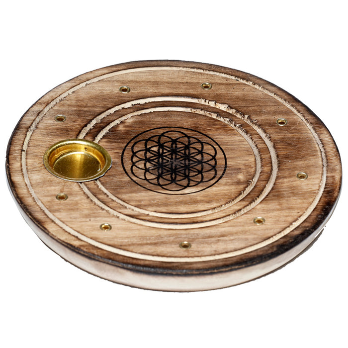 Mango Wood Round Flower of Life Ashcatcher Incense Sticks & Cones Burner