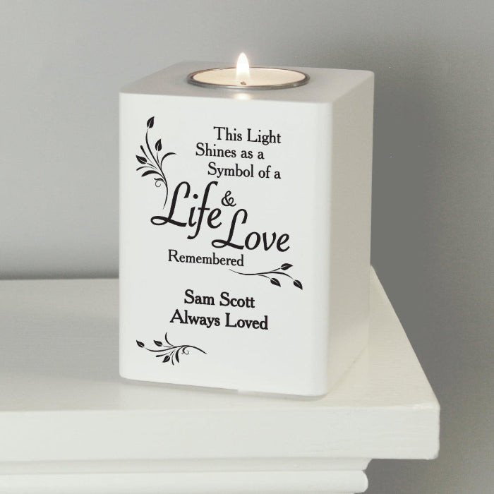 Personalised Life & Love White Remembered Wooden Tea Light Holder