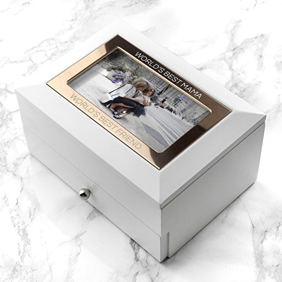 Personalised Rose Gold White Photo Frame Jewellery Chest Box - Myhappymoments.co.uk