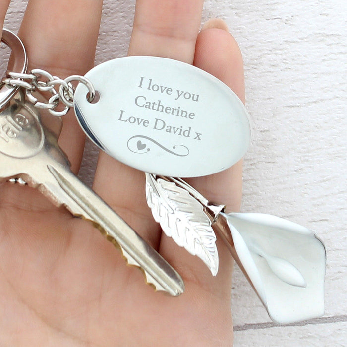 Personalised Swirls & Hearts Silver Plated Calla Lily Keyring