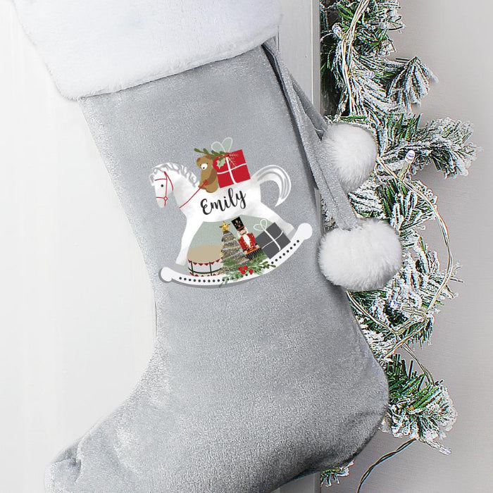 Personalised Silver Grey Velvet Christmas Stocking - Rocking Horse