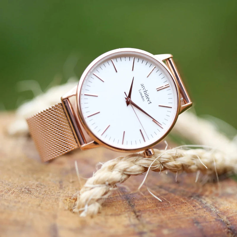 Personalised Ladies Architect Blanc Watch With Rose Gold Mesh Strap