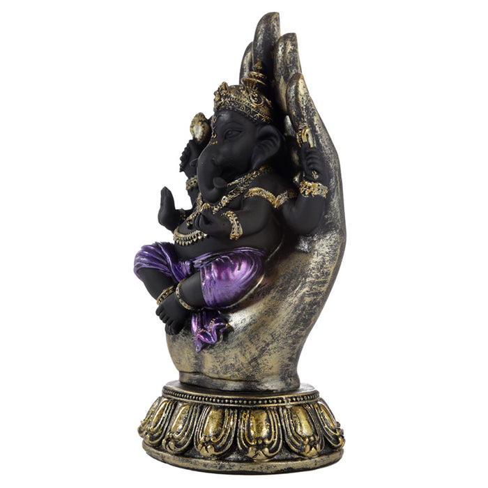 Purple, Gold and Black Ganesh Sitting in Buddha Hand Statue