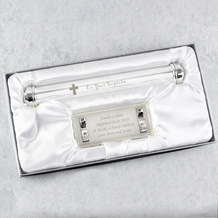 Personalised Baptism Silver Plated Certificate Holder With Stand