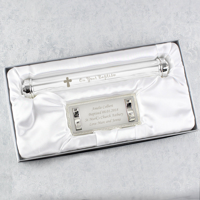 Personalised Baptism Silver Plated Certificate Holder With Stand - Myhappymoments.co.uk