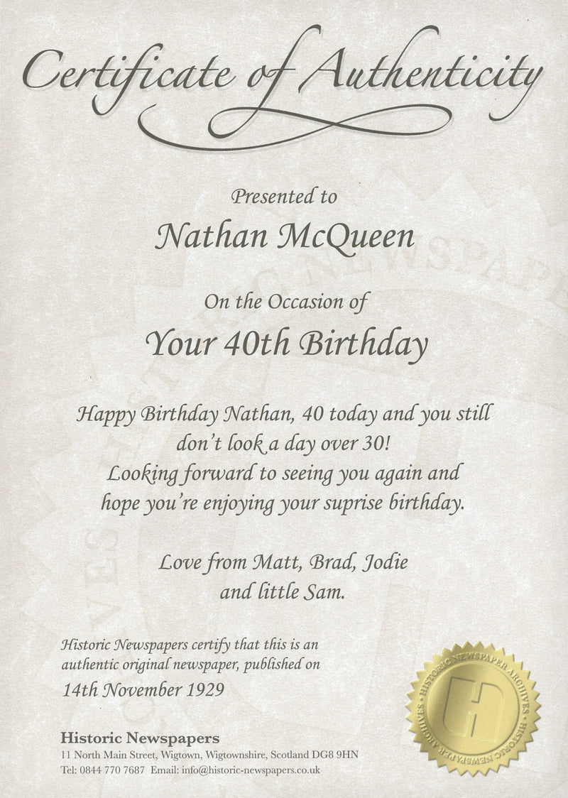 Original Newspaper From A Date Of Your Choice & Gift Box - Myhappymoments.co.uk