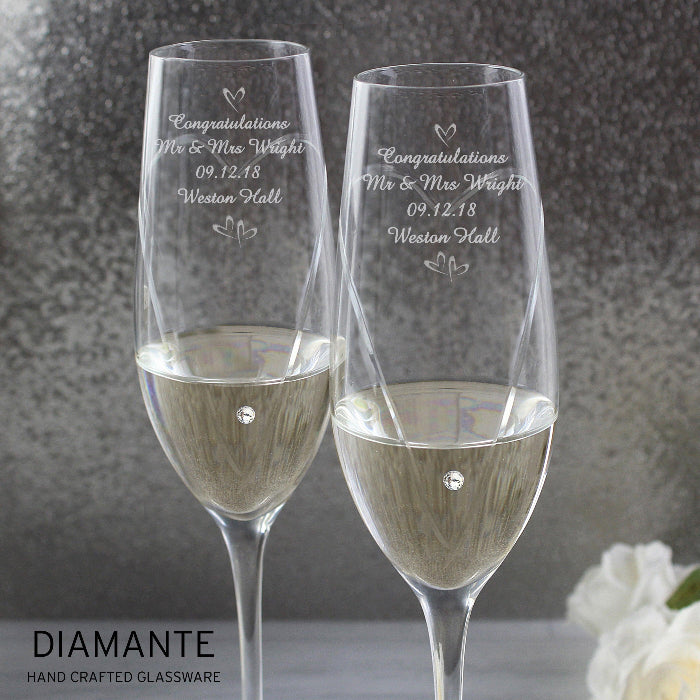 Personalised Wedding Champagne Flutes with Crystal Elements Glasses