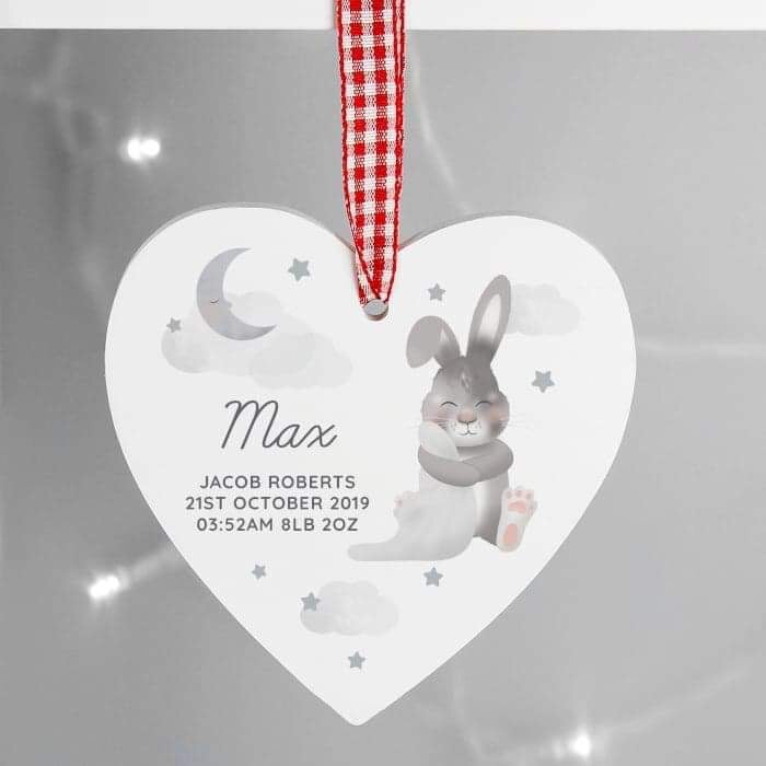 Personalised Baby Bunny Wooden Heart Decoration - Myhappymoments.co.uk