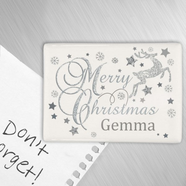 Personalised Silver Reindeer Merry Christmas Fridge Magnet - Myhappymoments.co.uk