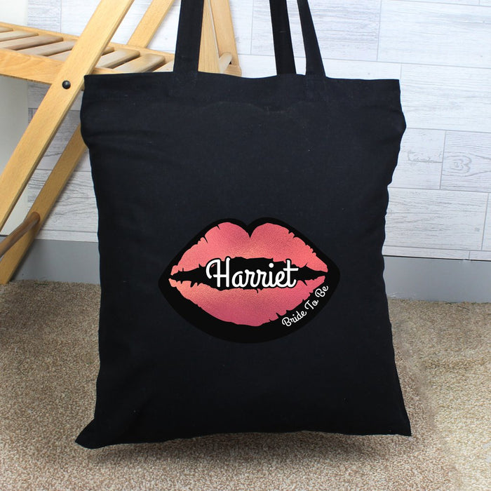 Personalised Rose Gold Lips Hen Party Black Cotton Bag