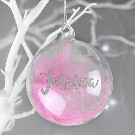 Personalised Silver Glitter Pink Feather Name Glass Bauble