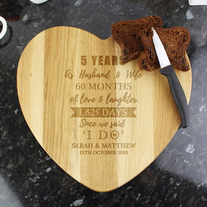Personalised 5th Anniversary Wooden Heart Chopping Board From Pukkagifts.uk