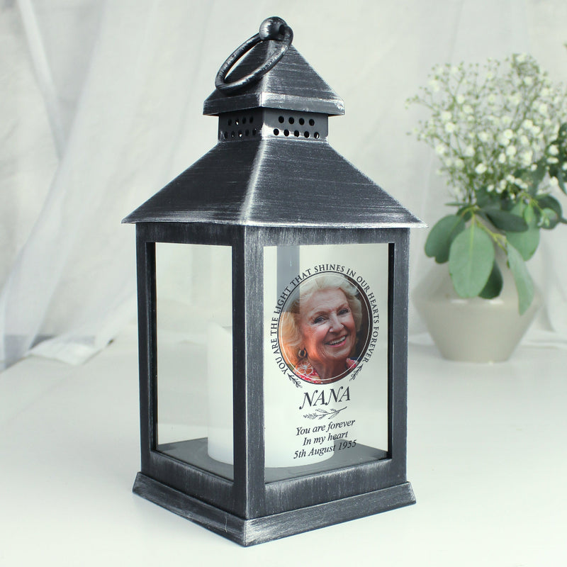 Personalised Light In Our Hearts Memorial Photo Upload Black Lantern