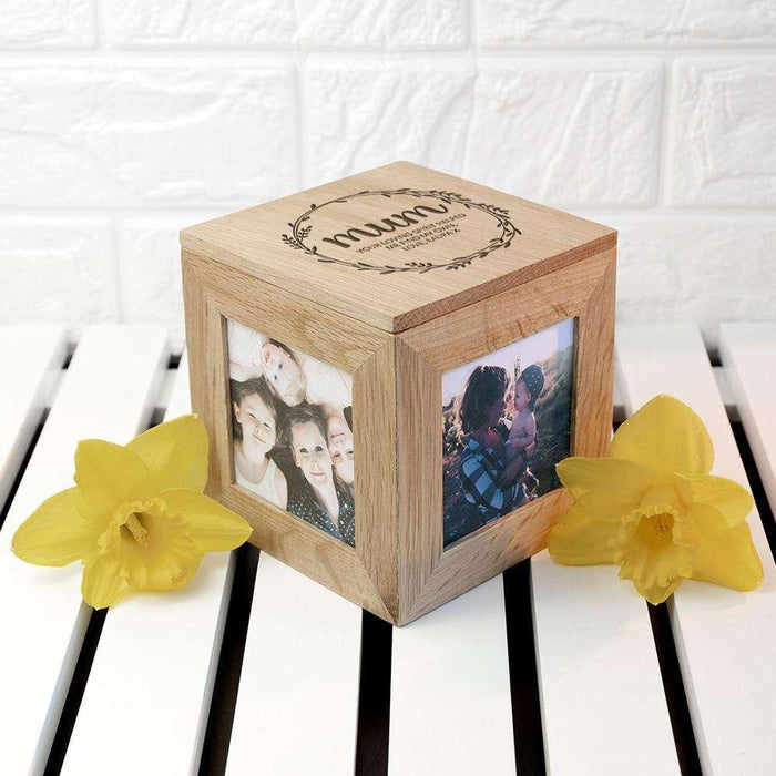 Personalised Mothers Day Photo Box Cube Oak - Myhappymoments.co.uk