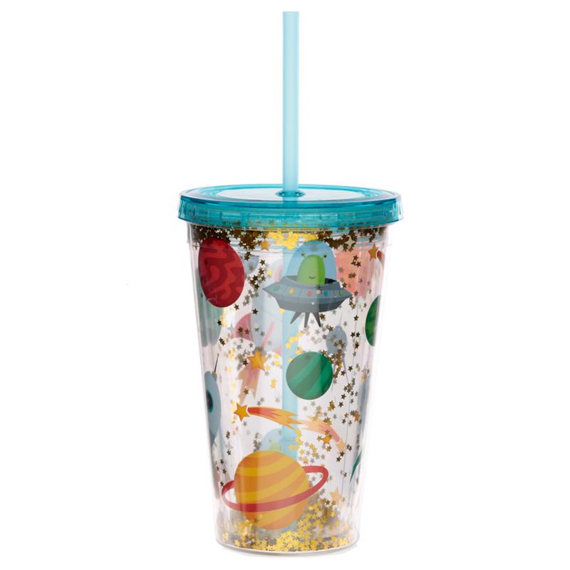Space Cadet Plastic 500ml Double Walled Reusable Cup with Straw and Lid