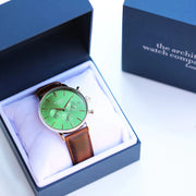 Personalised Men's Architect Motivator Watch In Envy Green With Walnut Strap
