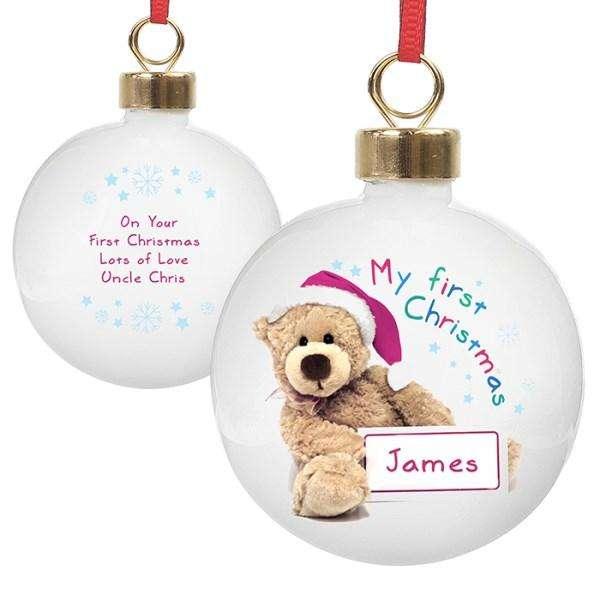 Personalised Teddy Bear First Christmas Bauble - Myhappymoments.co.uk