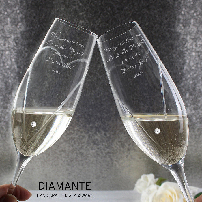 Personalised Crystal Heart Wedding Champagne Flute Glasses