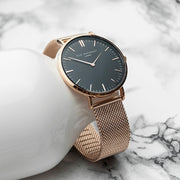 Elie Beaumont Personalised Ladies Rose Gold Mesh Strapped Watch With Black Dial