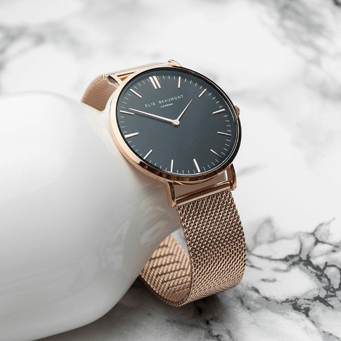 Elie Beaumont Personalised Ladies Rose Gold Mesh Strapped Watch With Black Dial