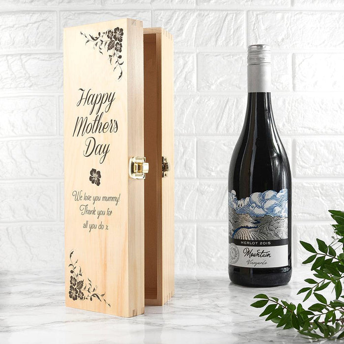 PERSONALISED MOTHER'S DAY WINE BOX WITH FLORAL CORNERS
