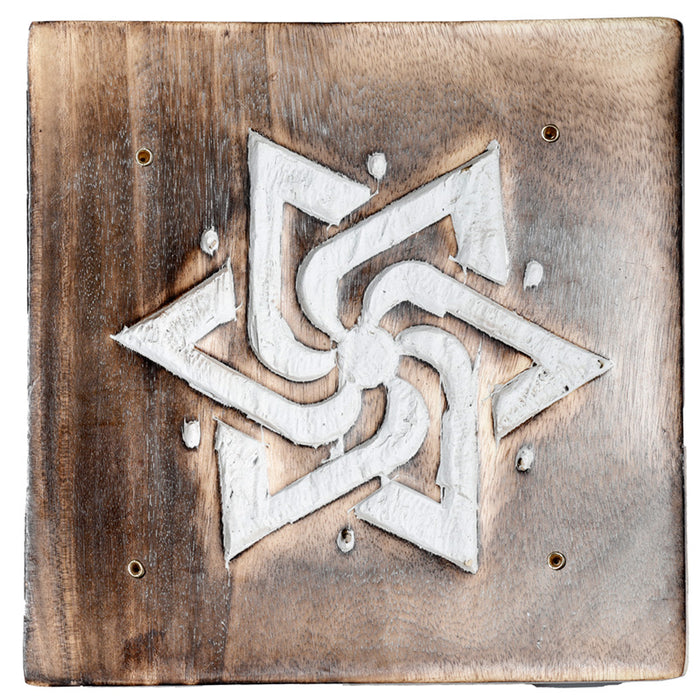 Mango Wood Square Carved Geometric Ashcatcher Incense Sticks Burner